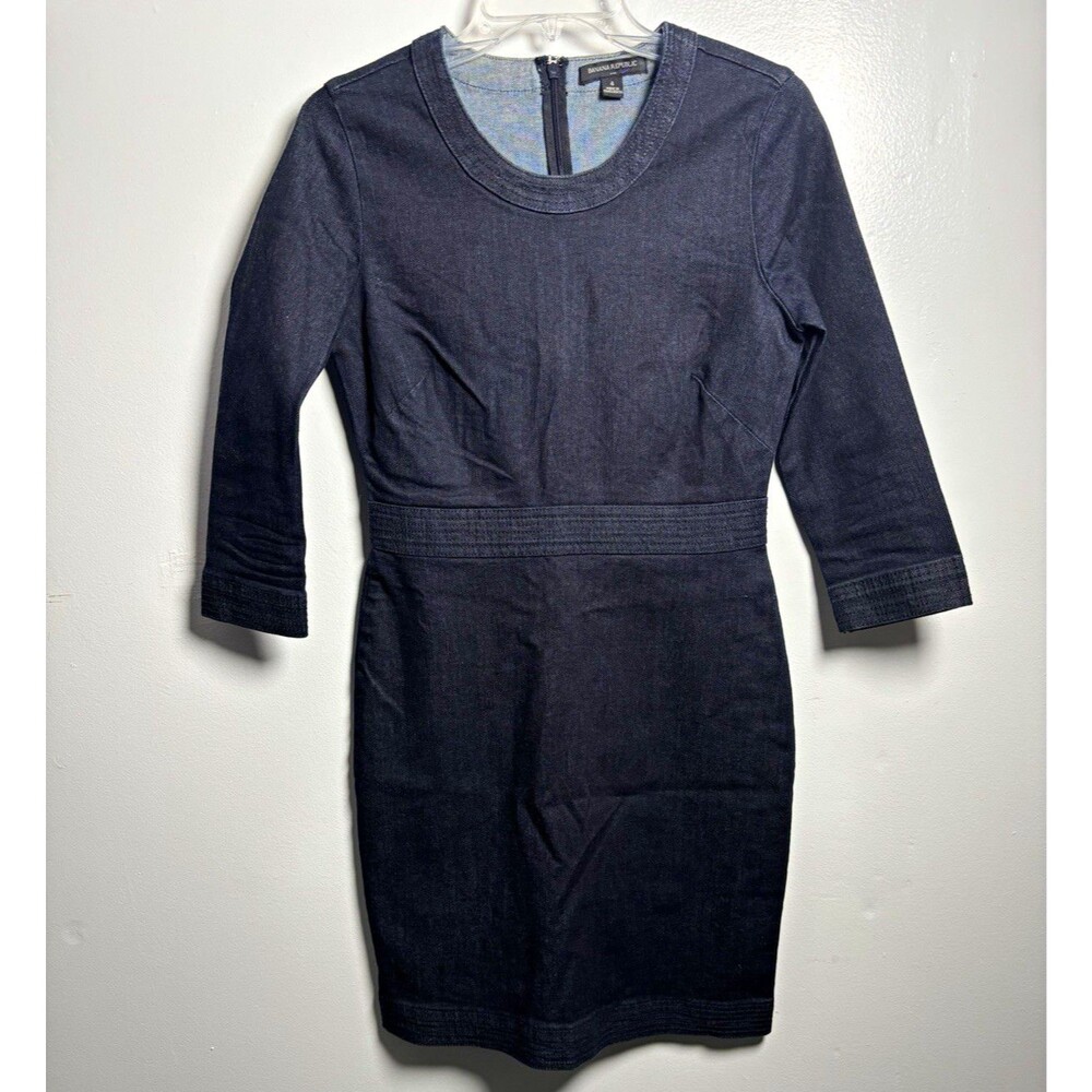 Banana Republic Women’s 4 Blue Denim Sheath Dress 3/4 Slv Knee Zip S/793655